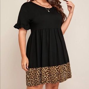 Flounce Sleeve Leopard Hem Babydoll Dress